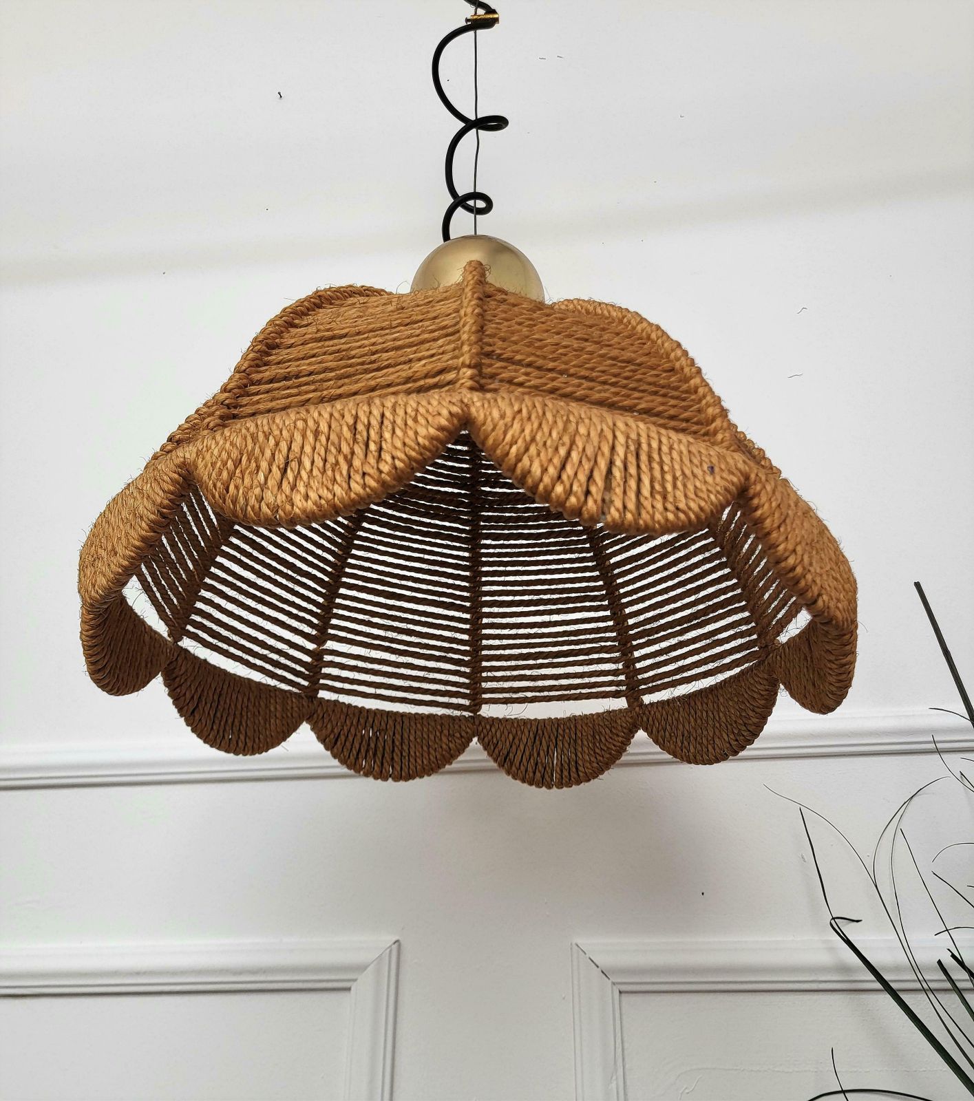 1960s Italian Gilt Brass Cord Woven Rope Pendant Suspension Hanging Light photo 1141.0