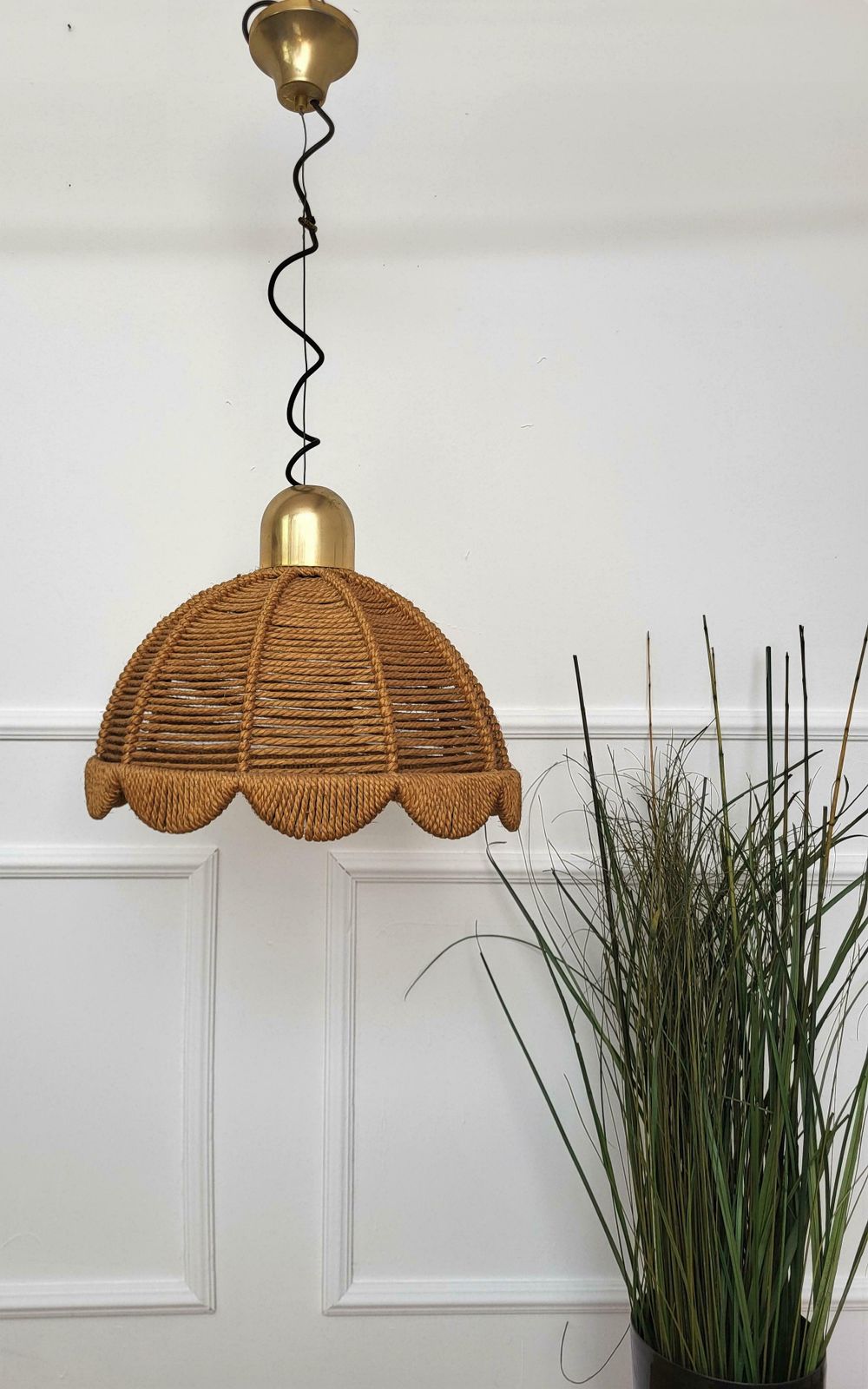 1960s Italian Gilt Brass Cord Woven Rope Pendant Suspension Hanging Light photo buy