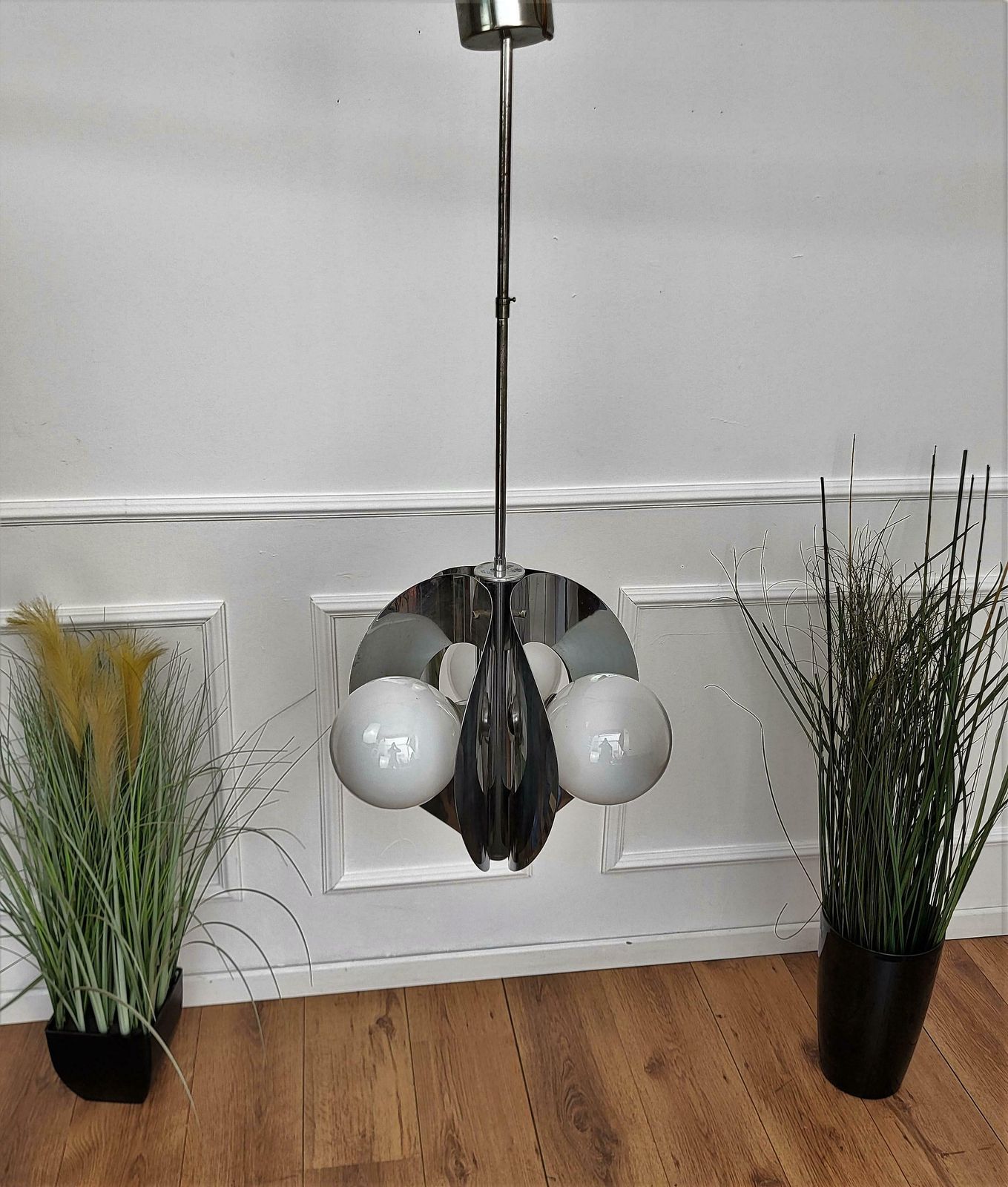 1960s Italian Spaceage Metal Glass Balls Pendant Suspension Hanging Light photo vinterior