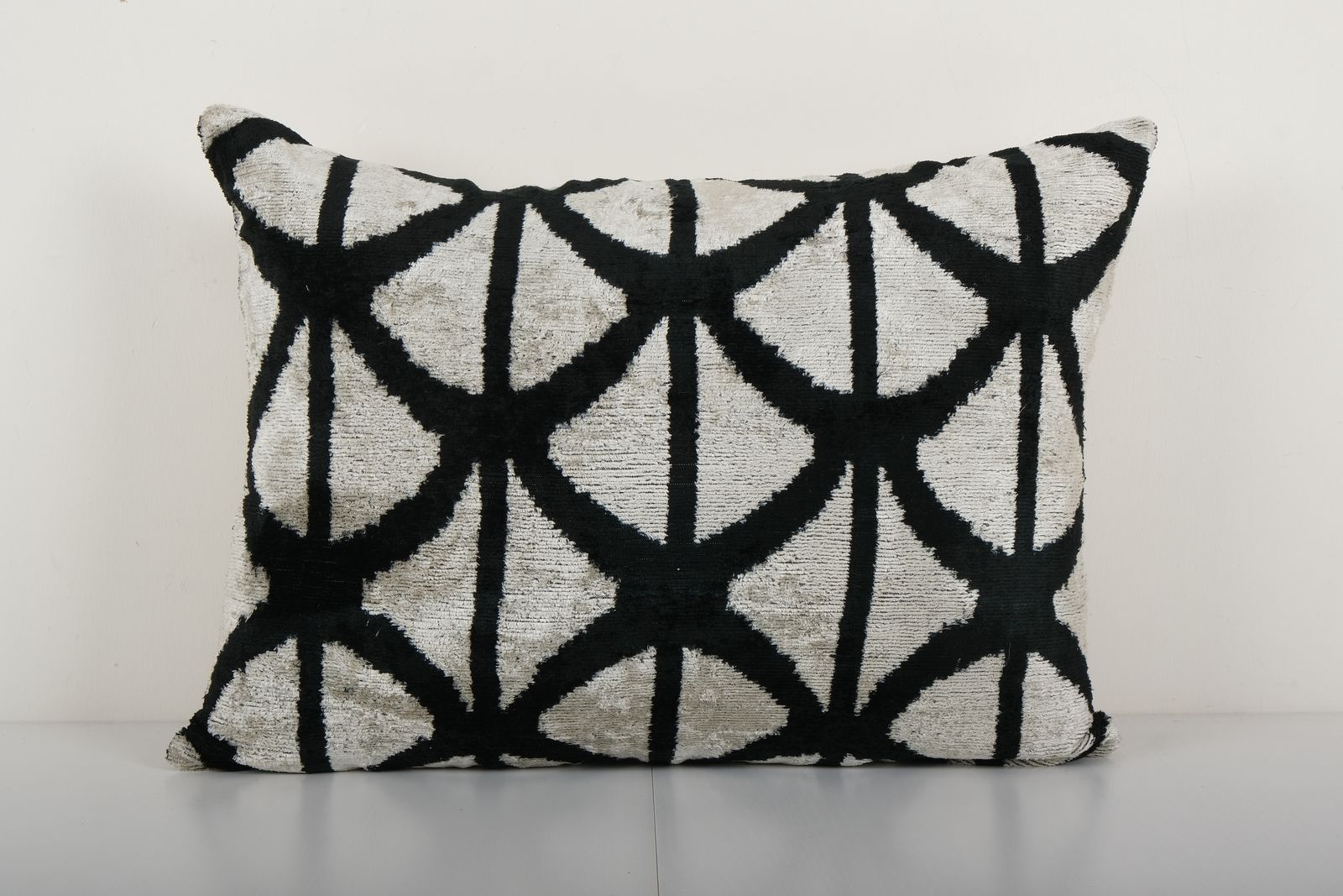 Ikat Velvet Pillow, Silk Lumbar Cushion Cover, Pair Black And Cream Boho Chic Pillow Cover 17'' X 24''