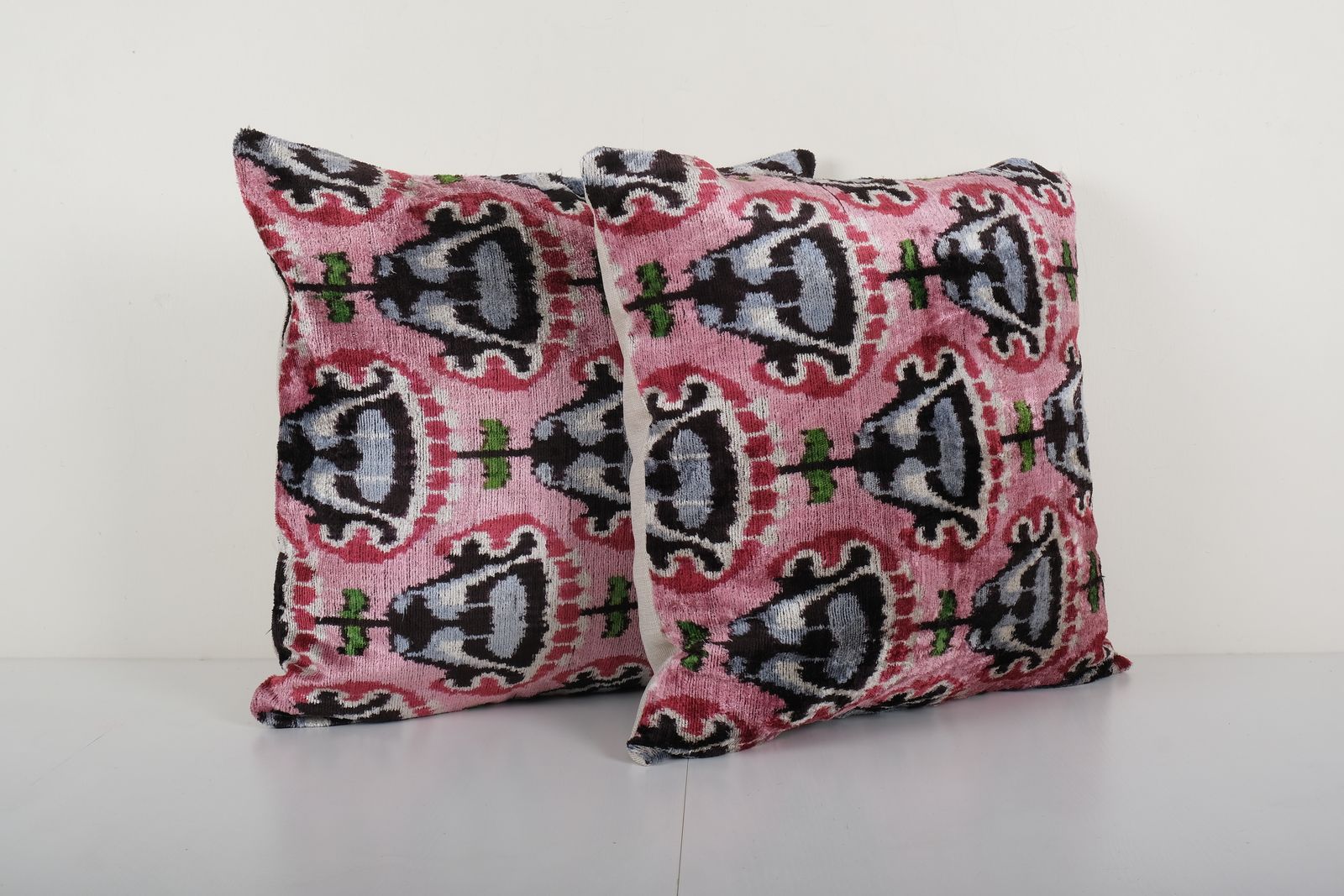 Handmade Pink Silk Ikat Velvet Pillow Cover   Set Of Two Luxury Home Decor Cushion   Pair Unique And Soft Pillowcase 20'' X 20'' photo for sale