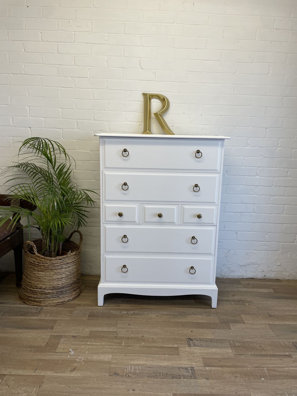 Stag Minstrel Tallboy Painted White Distressed Brass Handles
