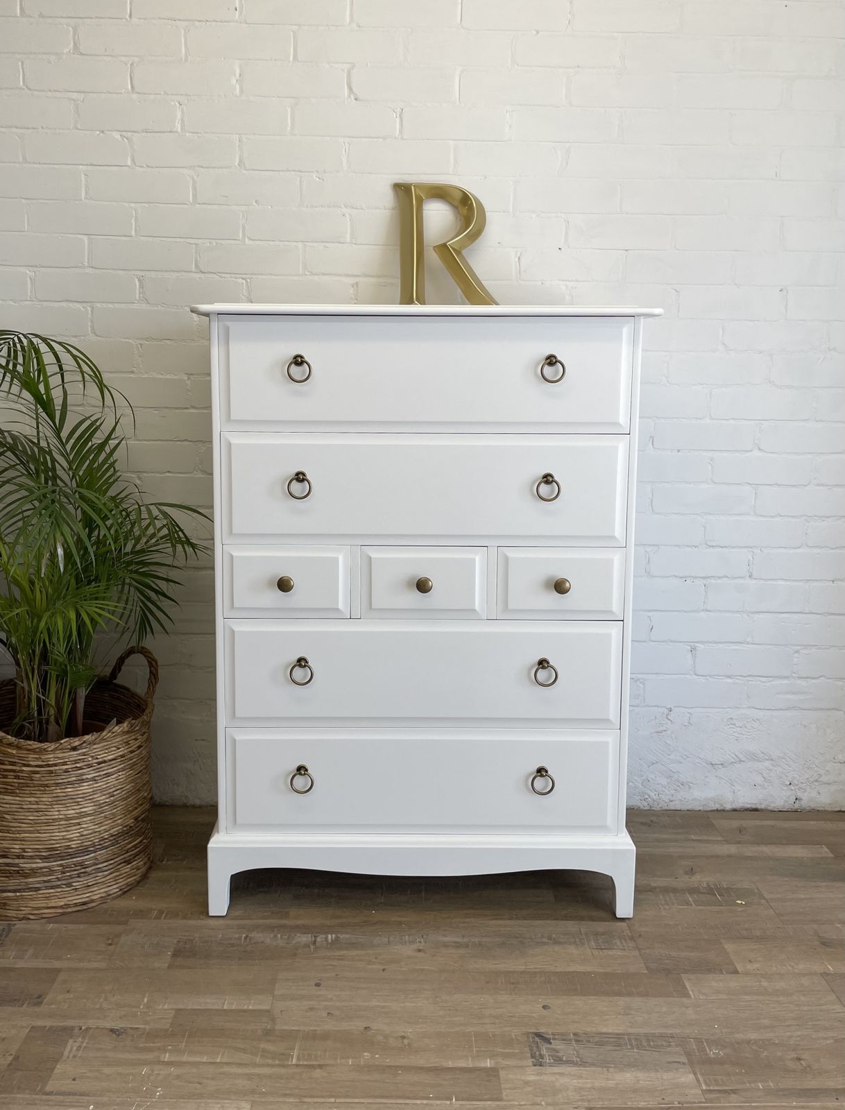 photo for sale Stag Minstrel Tallboy Painted White Distressed Brass Handles