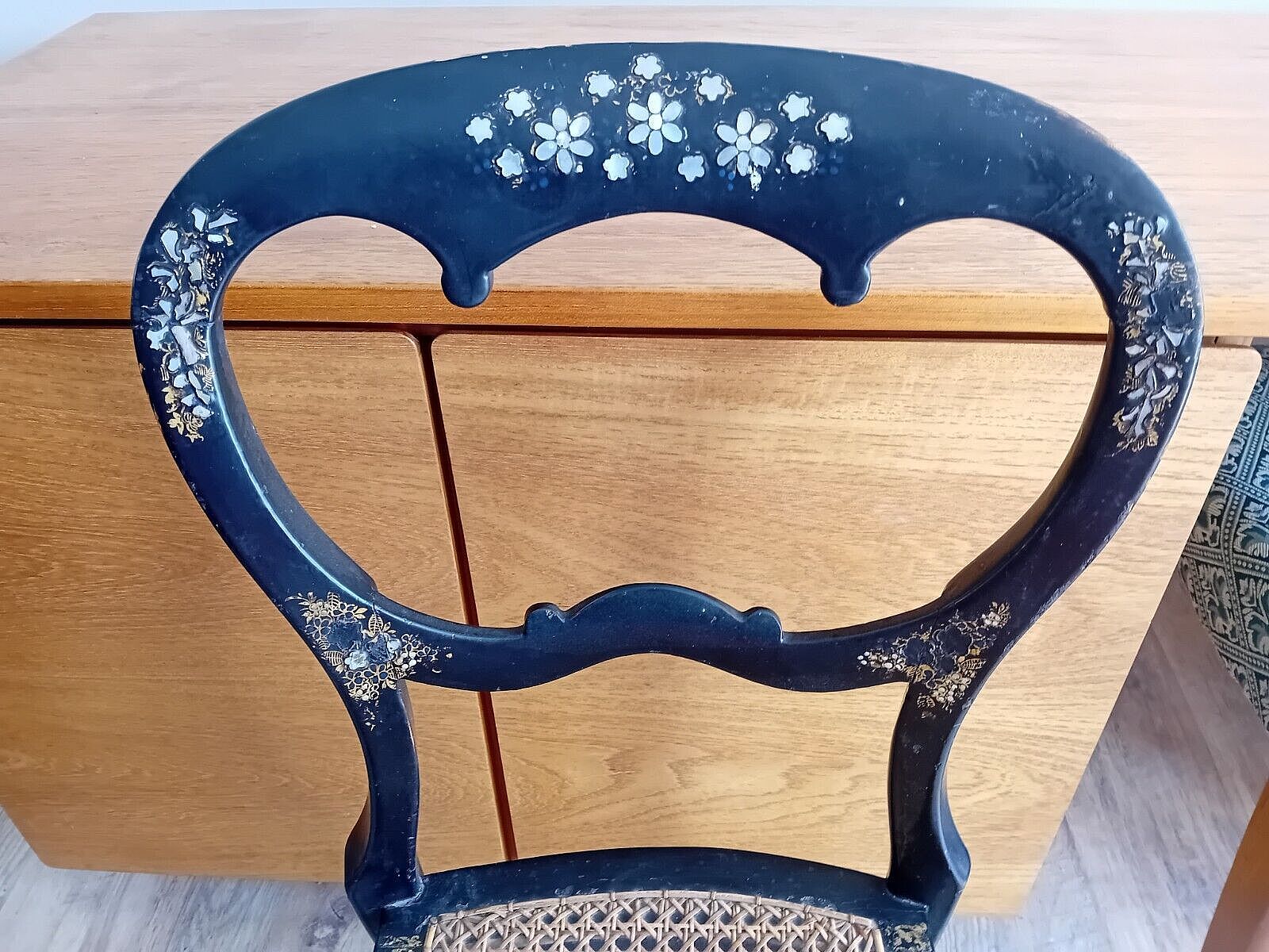 Delightful Circa 1840 Mother Of Pearl Inlay Ebonised Gold Leaf Bergere Chair photo Furniture