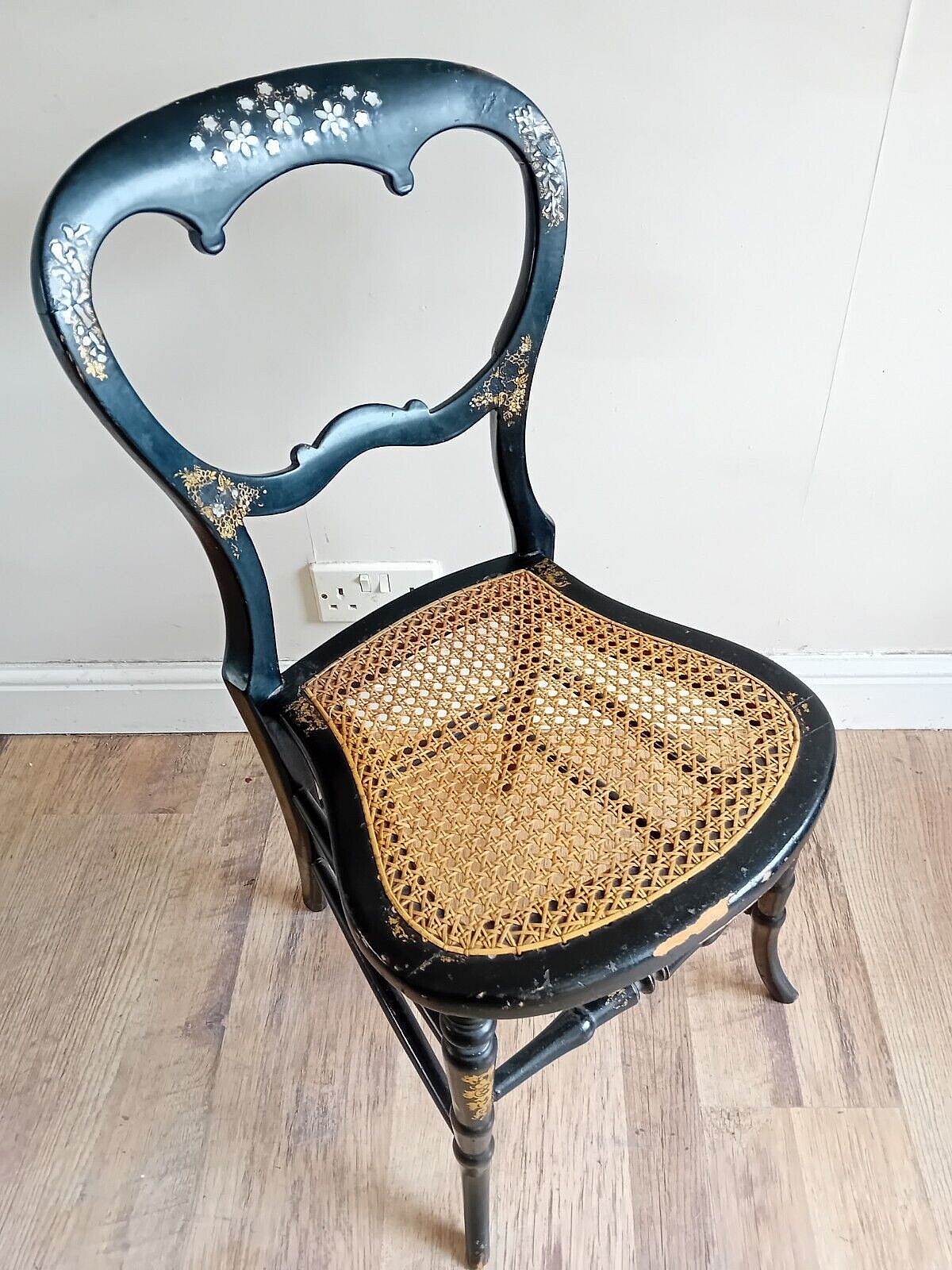 Delightful Circa 1840 Mother Of Pearl Inlay Ebonised Gold Leaf Bergere Chair photo buy