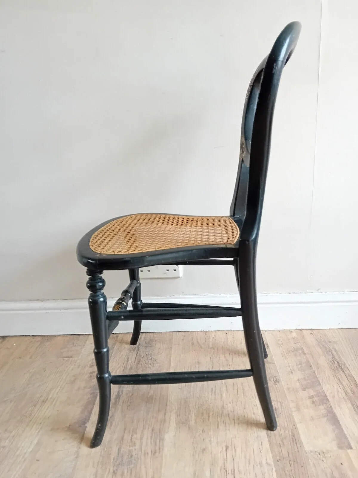 Delightful Circa 1840 Mother Of Pearl Inlay Ebonised Gold Leaf Bergere Chair photo vintage