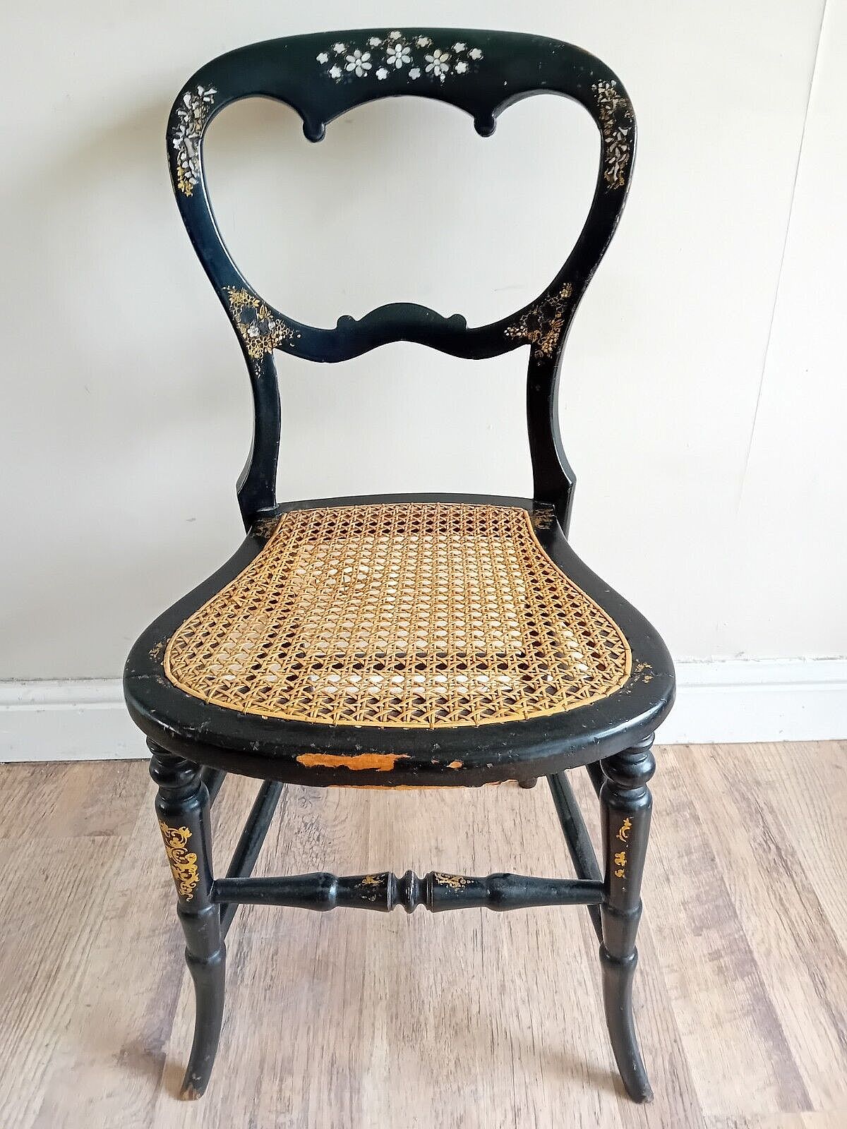 Furniture Delightful Circa 1840 Mother Of Pearl Inlay Ebonised Gold Leaf Bergere Chair photo