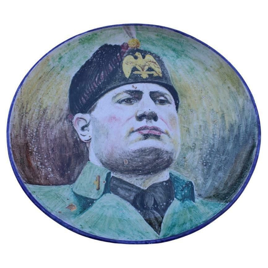 Rare Large Majolica Wall Plate With Face Of Benito Mussolini 1950s Mario Iudice