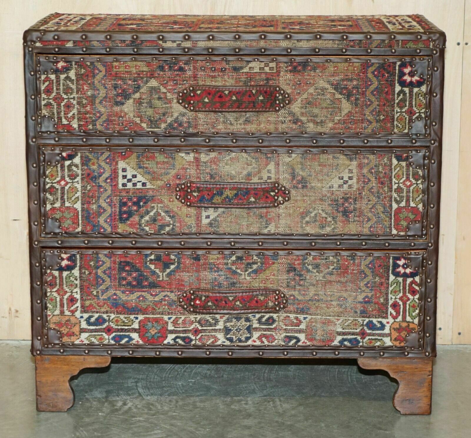 Vintage Kilim & Brown Leather Chest Of Drawers Finished With Antique Pin Nails photo for sale