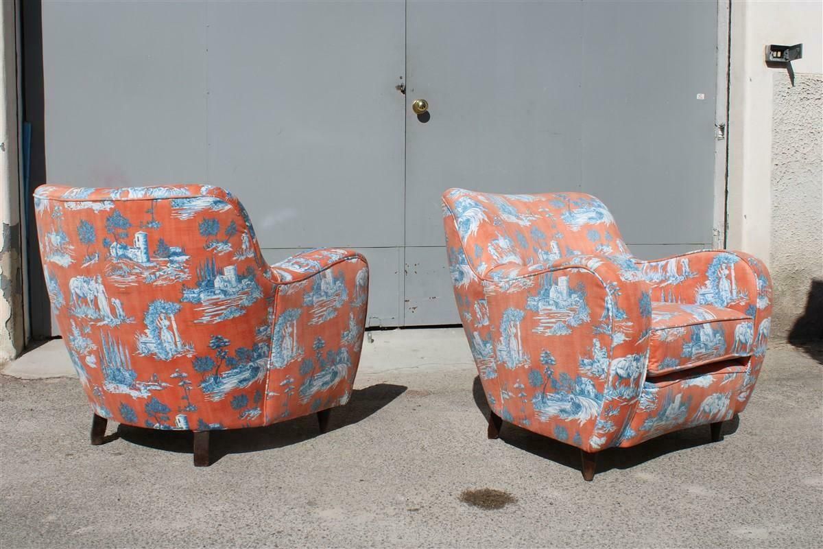Mid Century Italian Pair Armchairs Palolo Buffa Design Fornasetti Style Printed photo furniture