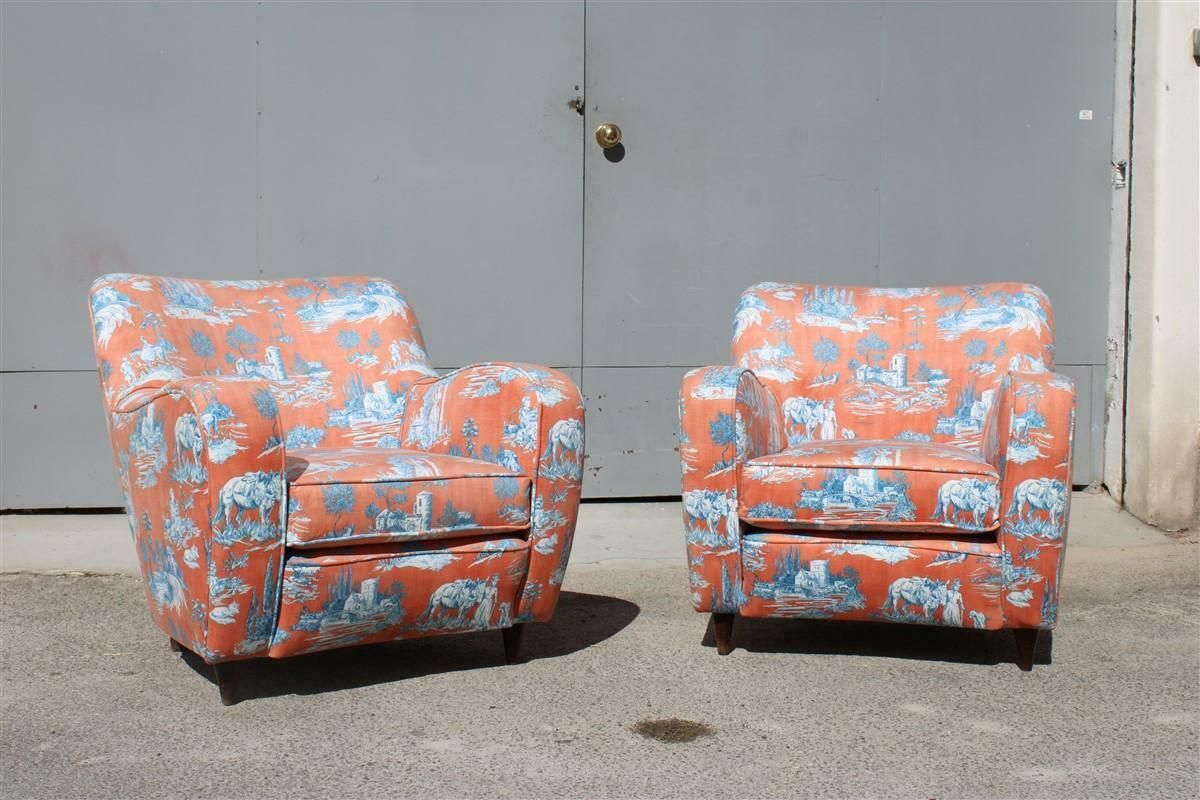 photo for sale Mid Century Italian Pair Armchairs Palolo Buffa Design Fornasetti Style Printed