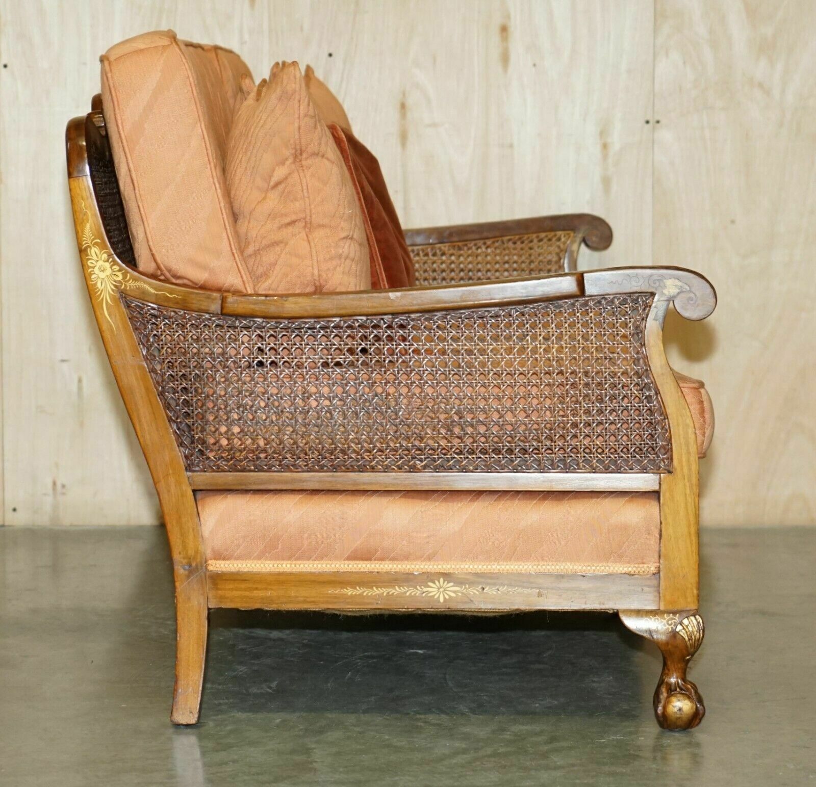 photo buy 1920's Walnut & Chinoiserie 3 Piece Bergere Sofa Armchair Suite For Restoration