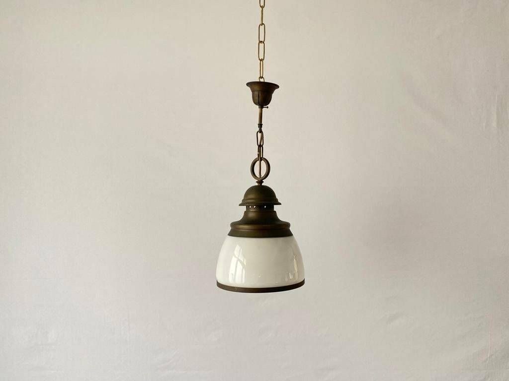 Art Deco Milk Glass And Antique Metal Pendant Lamp, 1940s, Germany photo for sale