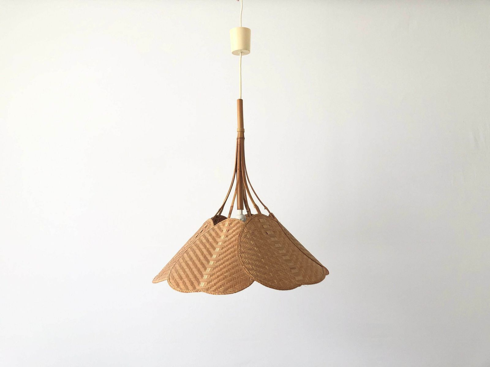 Palmate Leaf Design Wicker And Bamboo Beautiful Pendant Lamp, 1960s, Germany photo for sale