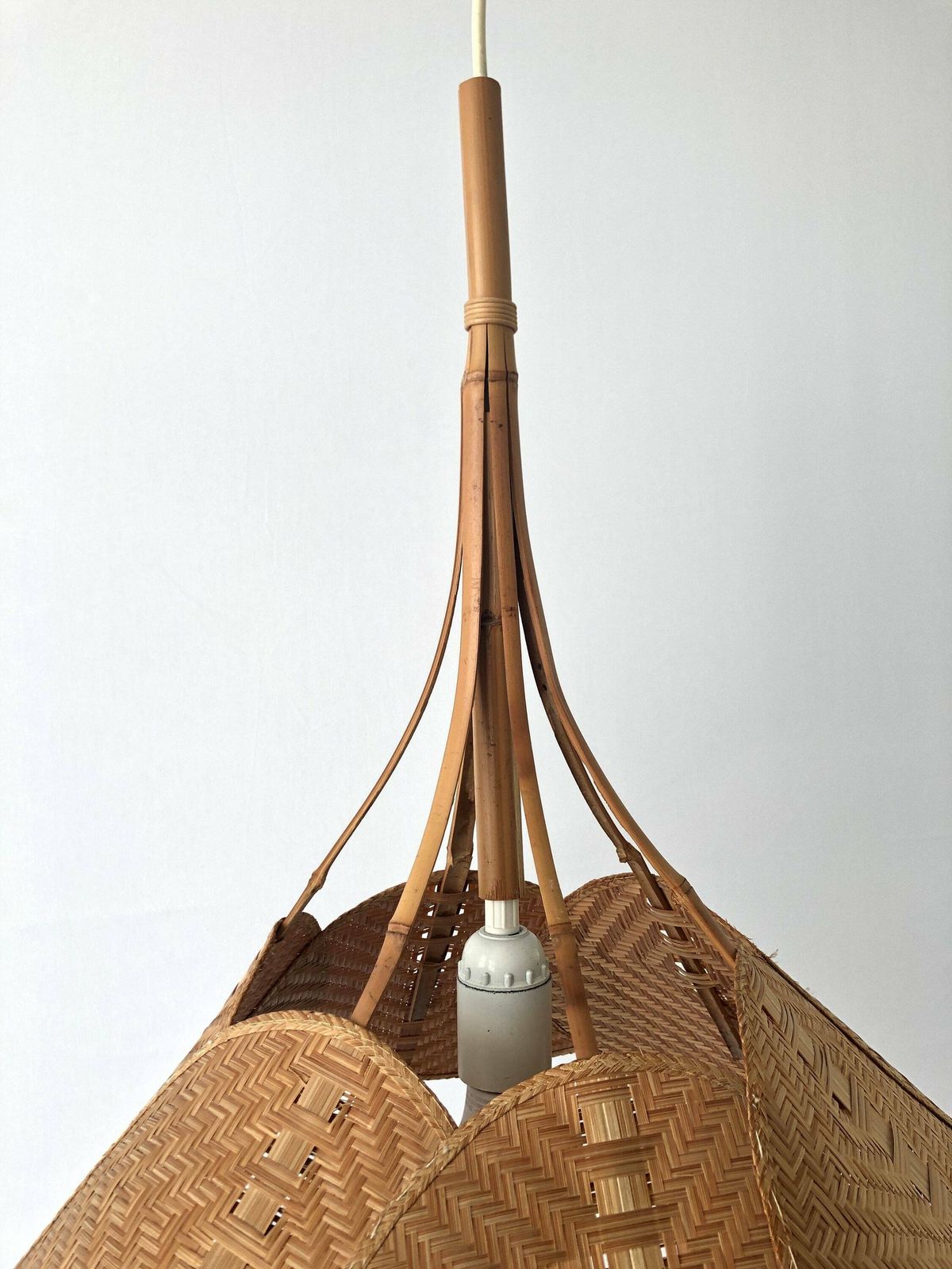 Palmate Leaf Design Wicker And Bamboo Beautiful Pendant Lamp, 1960s, Germany photo buy