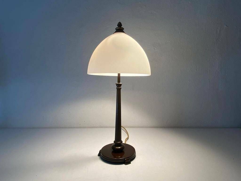 Art Deco Milk Glass And Bronze Large Table Lamp By D.R.P. Savas, German Reich Patent, 1930s, Germany photo for sale