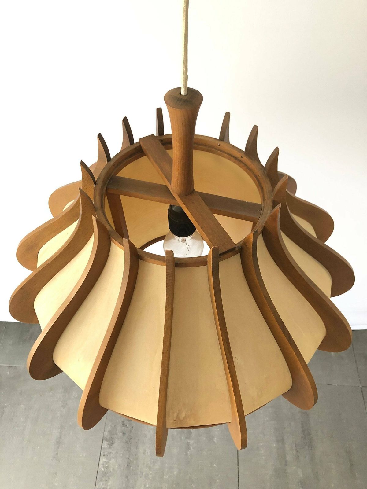 Unusual Design Wood And Plastic Paper Large Pendant Lamp, 1960s, Germany photo for sale