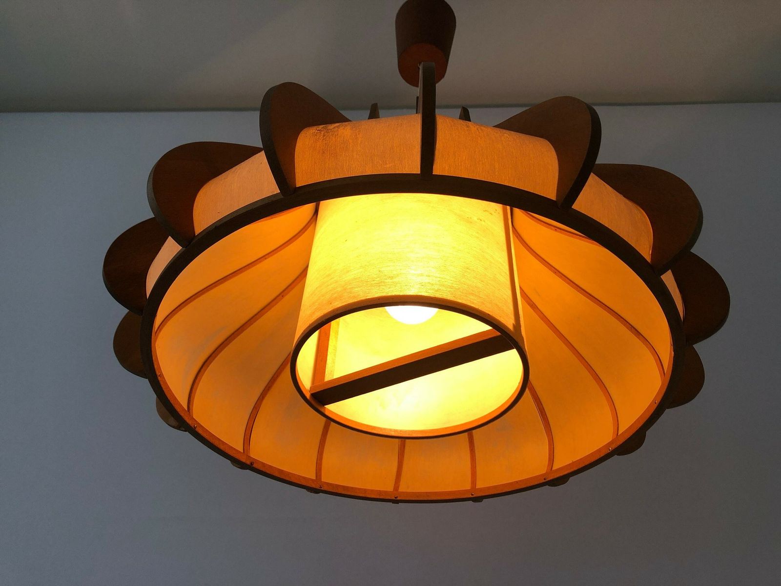 Unusual Design Wood And Plastic Paper Large Pendant Lamp, 1960s, Germany photo buy