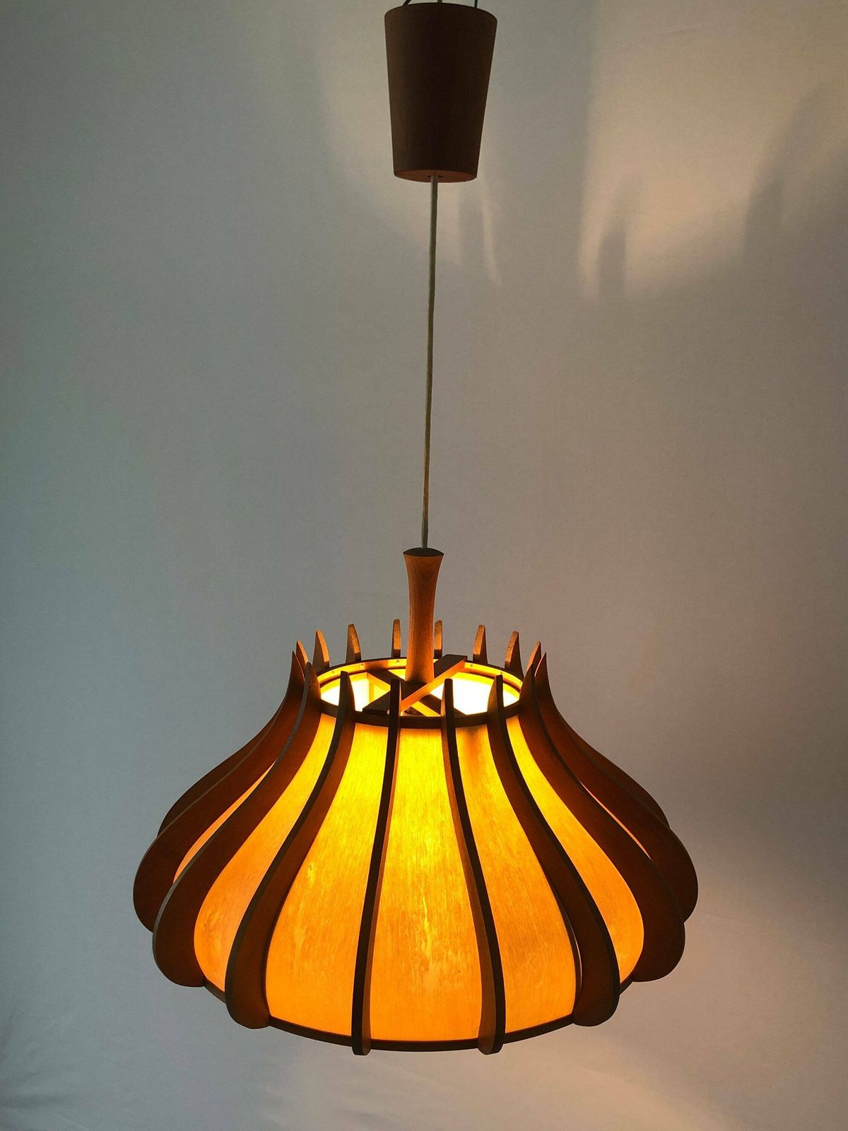 Unusual Design Wood And Plastic Paper Large Pendant Lamp, 1960s, Germany photo vintage
