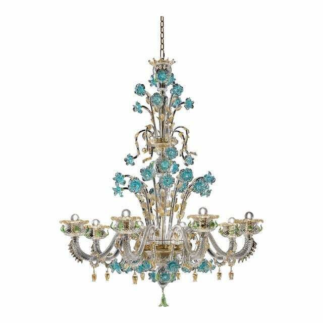 Early 21st Century Venetian Turquoise Floral Murano Glass Chandelier photo furniture