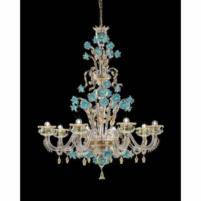 Early 21st Century Venetian Turquoise Floral Murano Glass Chandelier photo Lighting