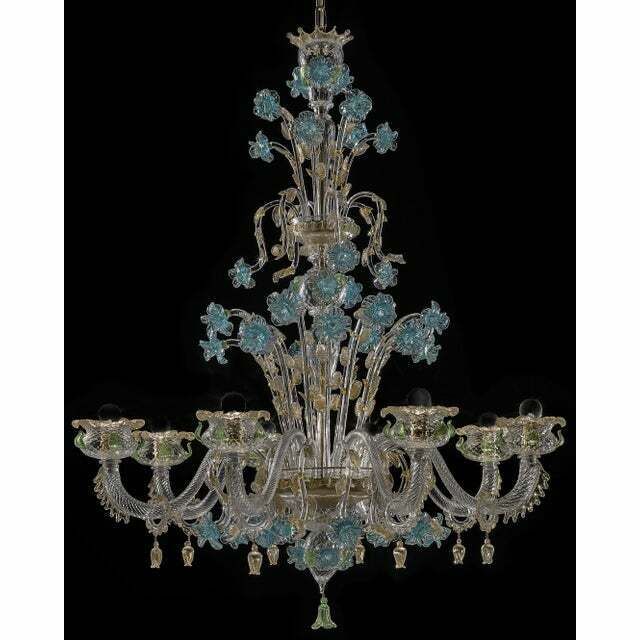 Early 21st Century Venetian Turquoise Floral Murano Glass Chandelier photo vintage