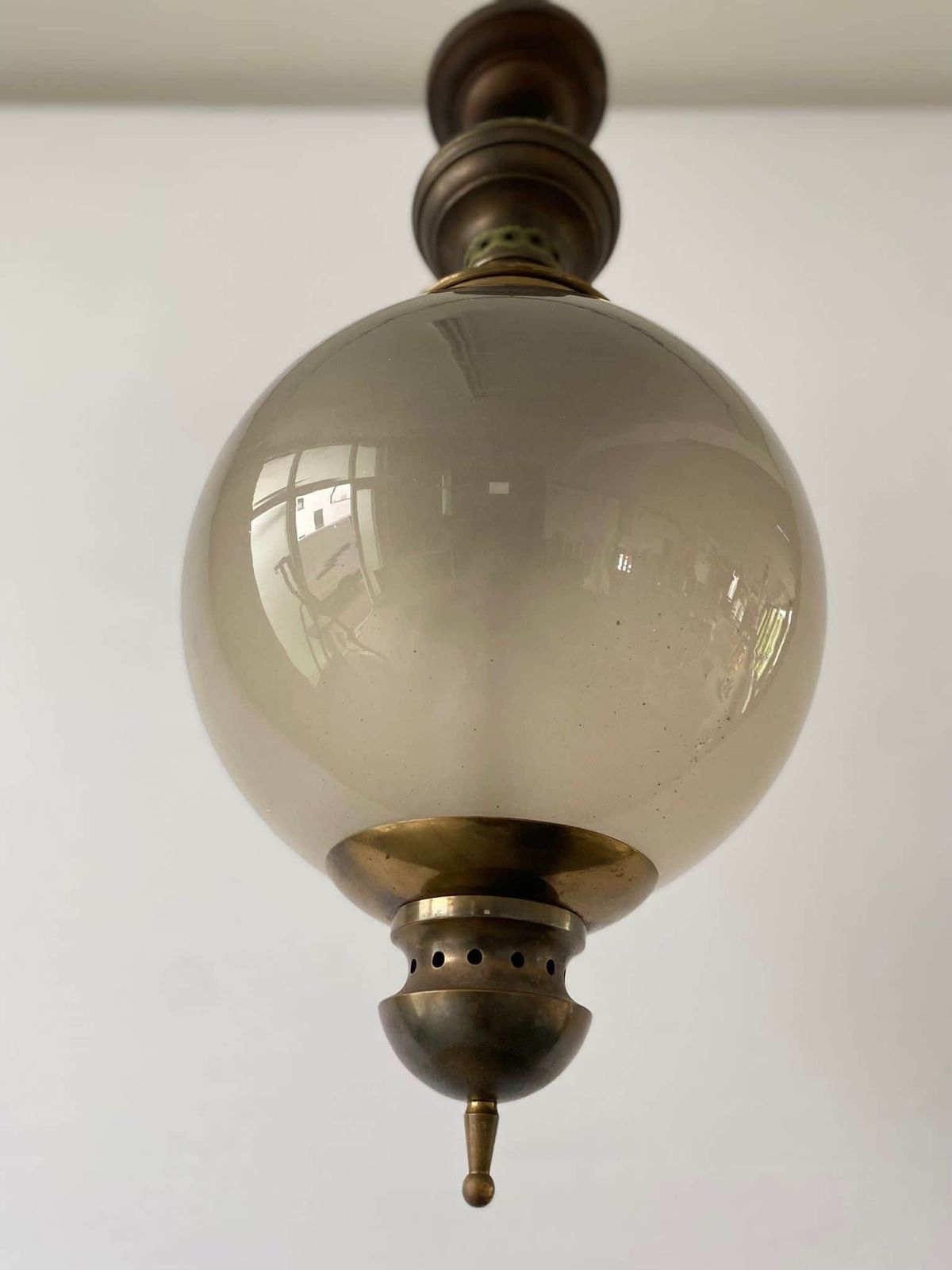 Extraordinary Smoked Glass & Brass With Green Patina Ceiling Lamp By Luigi Caccia Dominioni For Azucena, 1950s, Italy photo vinterior