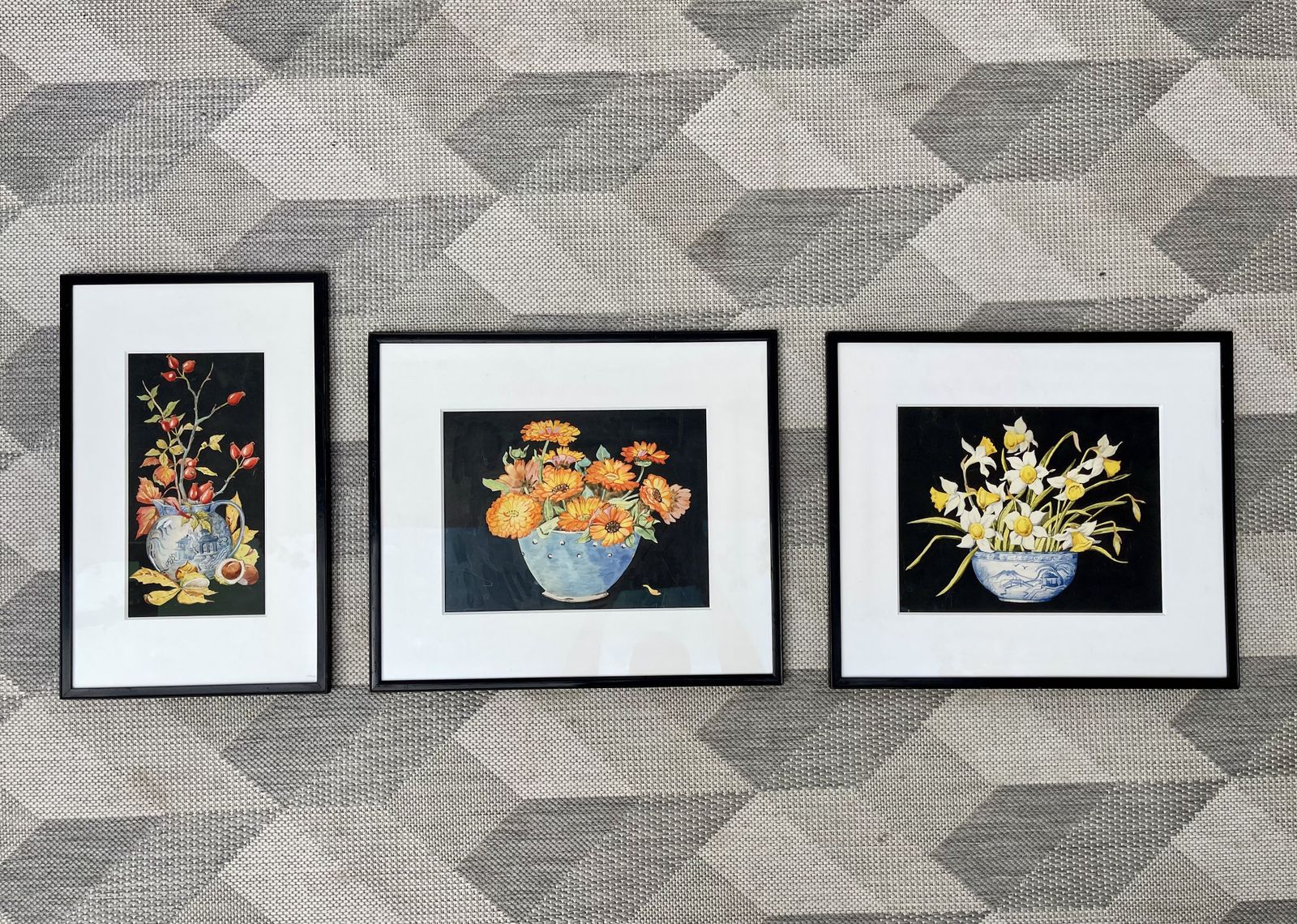 Spring Still Life Watercolour Painting Of Daffodils With Black Frame photo vintage