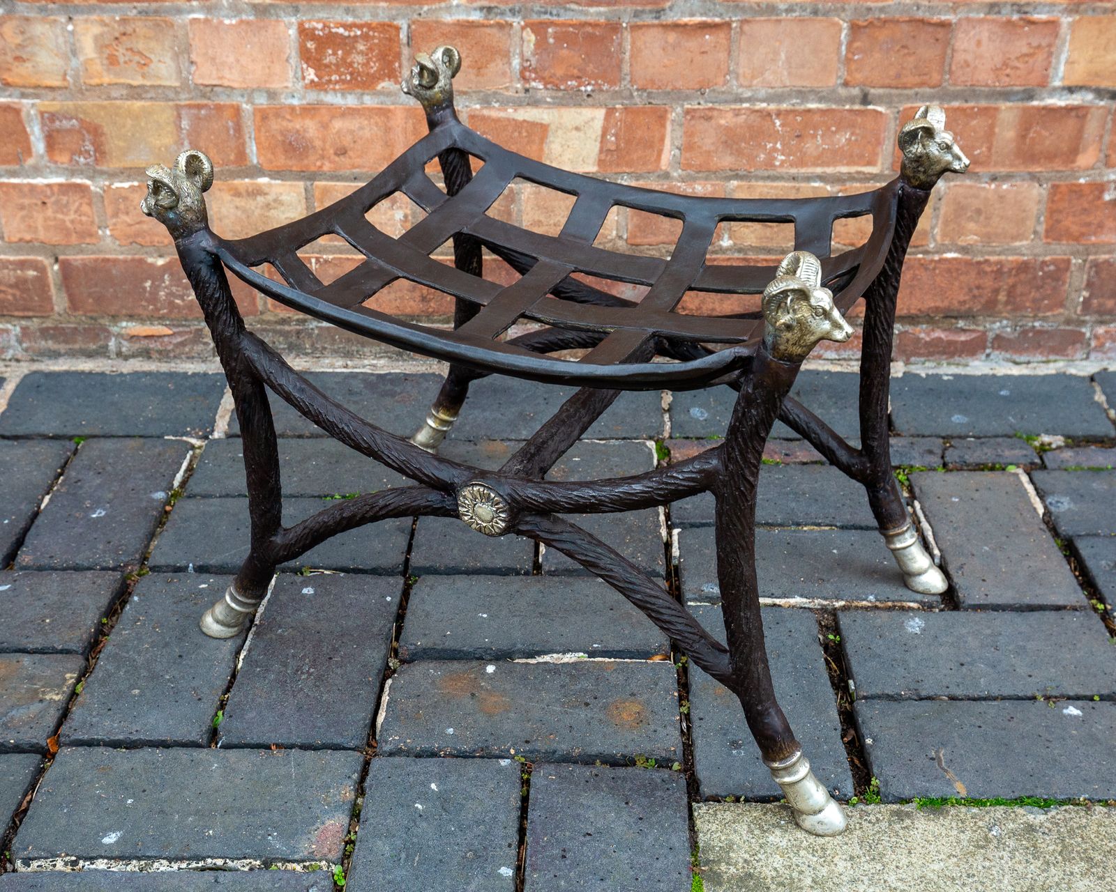 Hollywood Regency Bronze Footstool Ottoman Rams Head Rams Hooves Pouf Maison Jansen Style Country House Classical Curule Savonarola photo 1250.0
