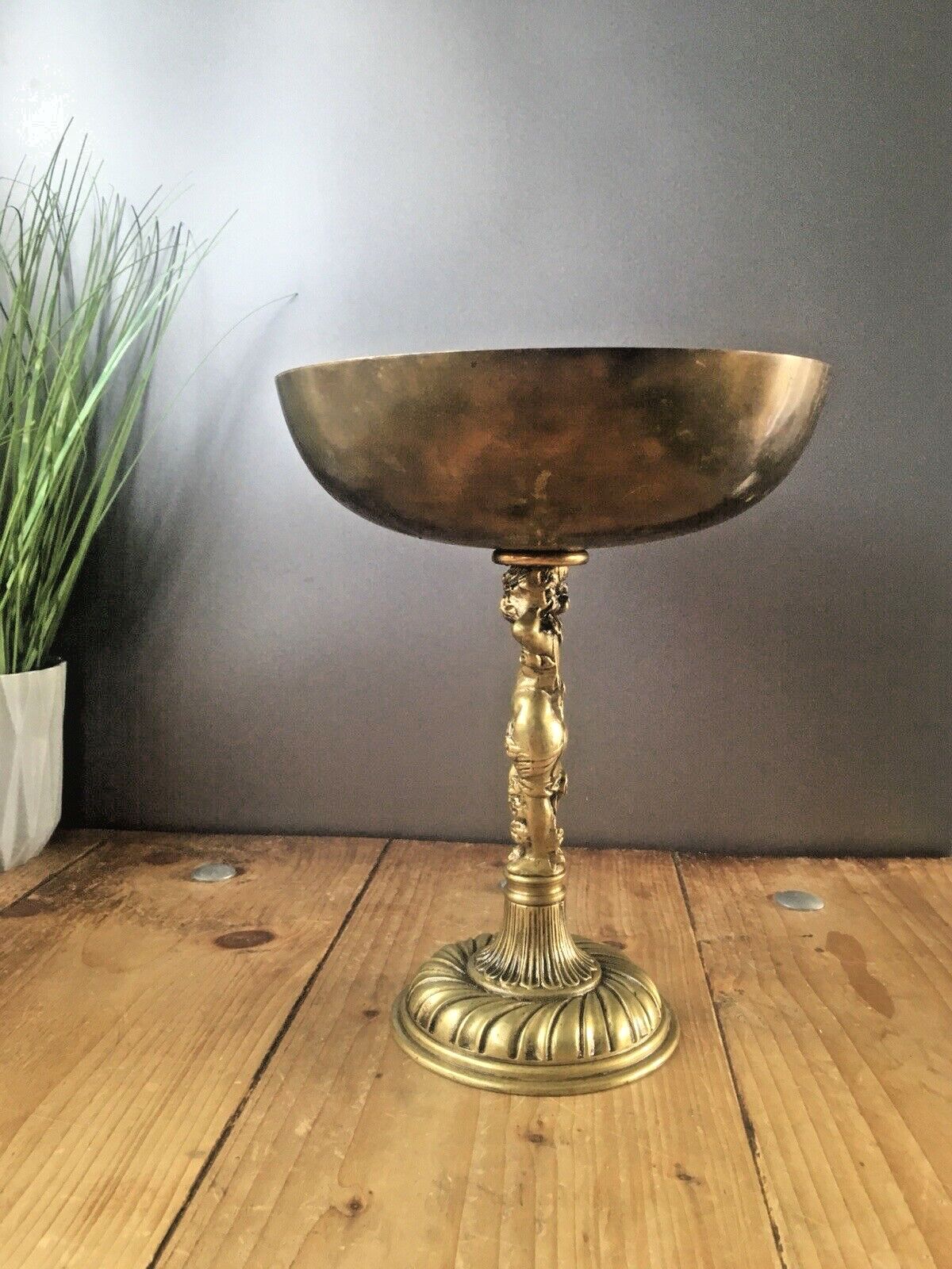 Beautiful Antique Art Deco Heavy Brass Cherub Pedestal Centrepiece Fruit Bowl photo buy