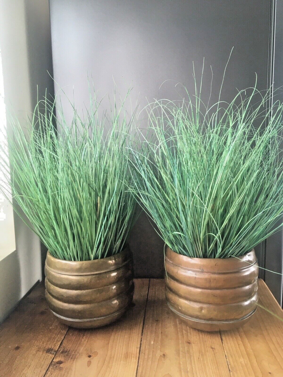 Pair Of Antique Art Deco Brass Stepped Beehive Flower Planters Plant Pot Vintage