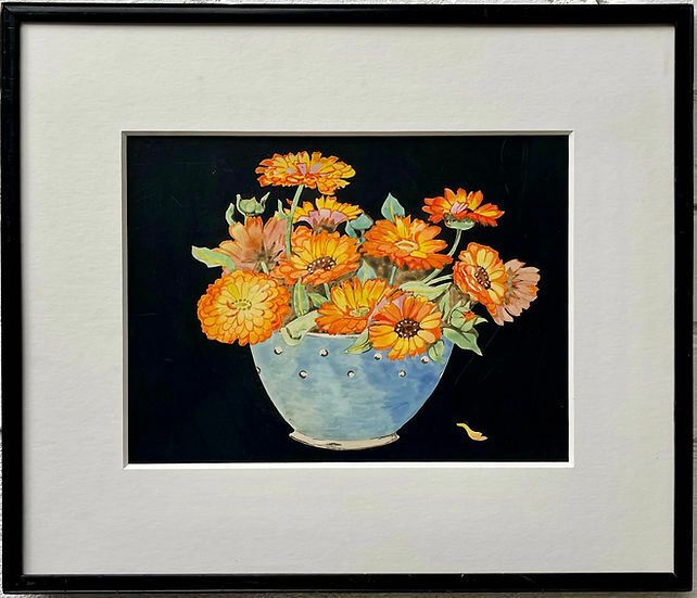 Summer Still Life Painting Of Marigolds With Black Frame photo furniture