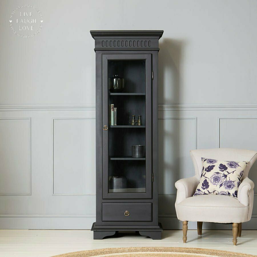 Black Painted Wooden Display Cabinet With Drawer