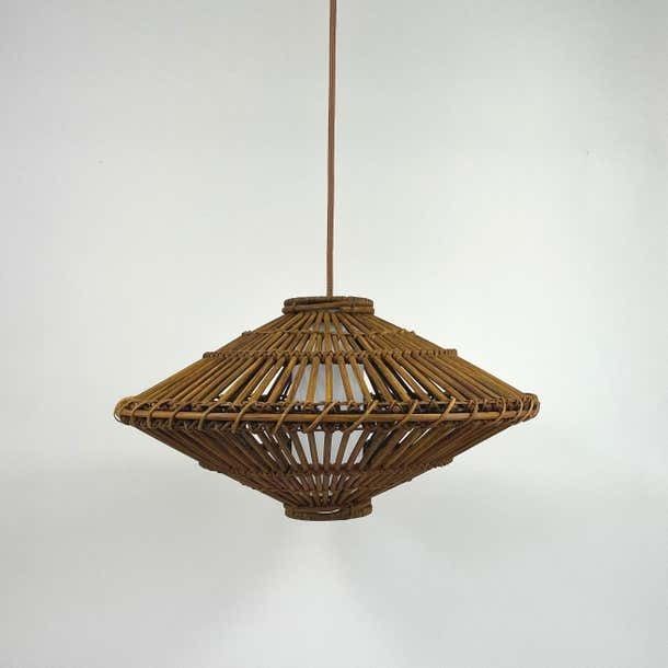 Midcentury French Rattan Wicker Pendant 1960s photo for sale