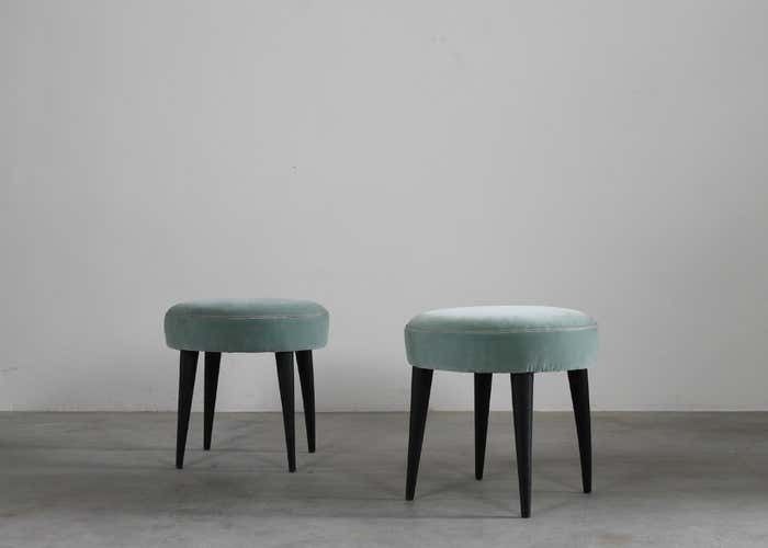 Gio Ponti (Attribuited To) Set Of Two Low Stools In Black Lacquered Wood And Fabric 1950s Italy