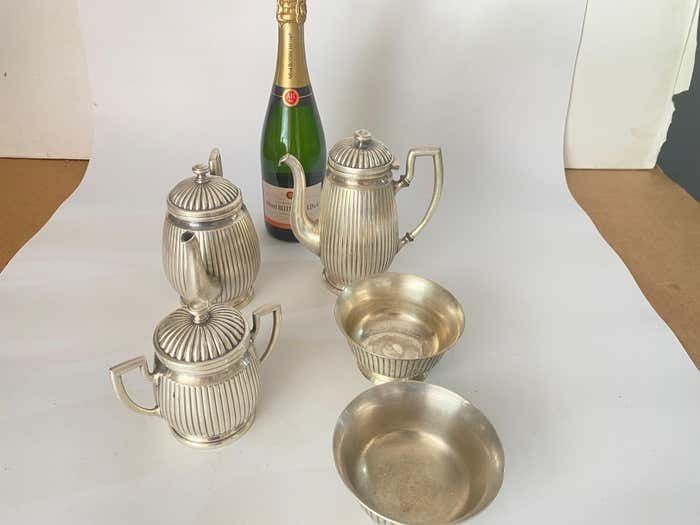 photo for sale England Silvered Metal 5 Pieces Of Coffee Tea Service Silver Color 20th Century
