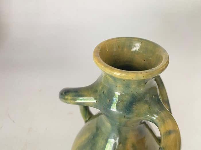 19th Century French Glazed Earthenware Vase With Twisted Handles Green Color photo for sale