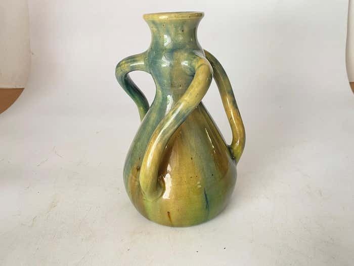 19th Century French Glazed Earthenware Vase With Twisted Handles Green Color photo buy
