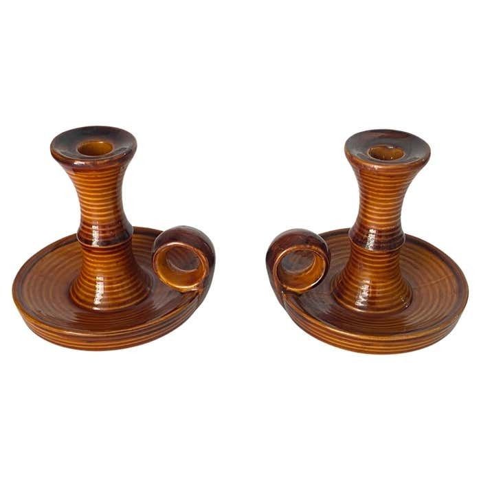 French Pair Of Table Lamp Or Candle Holder Ceramic France 1970s By Saint Clement