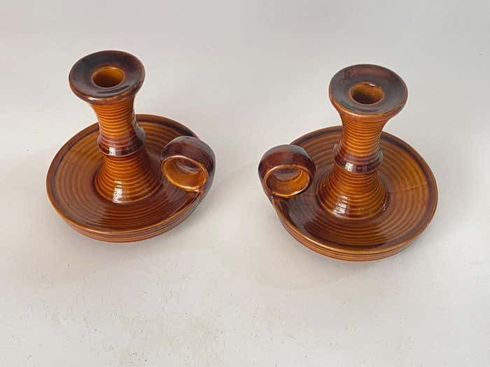 French Pair Of Table Lamp Or Candle Holder Ceramic France 1970s By Saint Clement photo vinterior