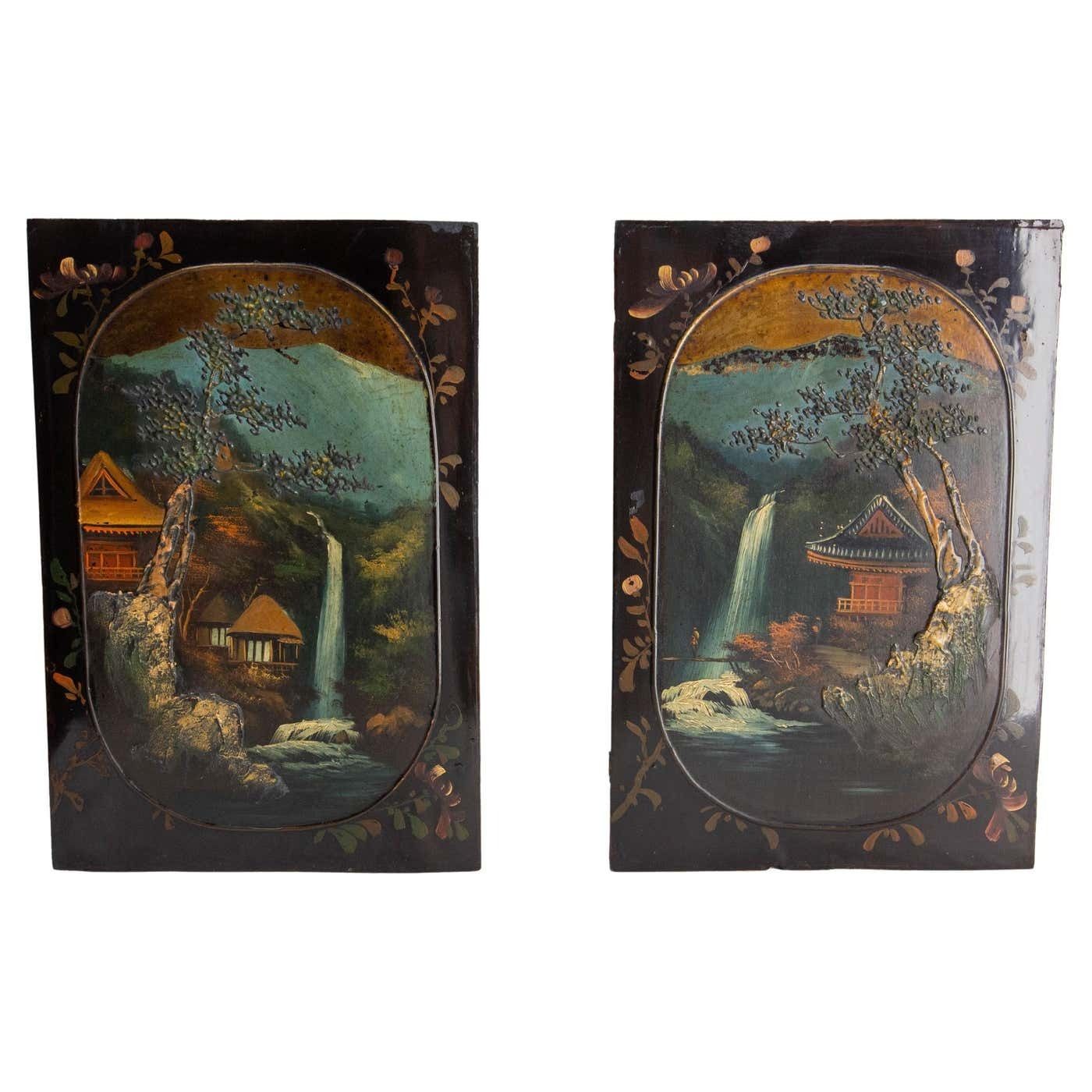 Japonese Pair Of Painted And Lacquered Wood Panels, Mid 19th Century