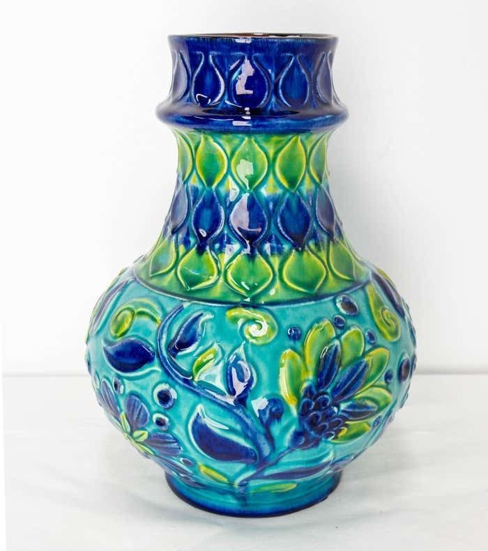 photo furniture German Blue Pitcher Glazed Ceramic Or Vase Bay Keramik, Midcentury