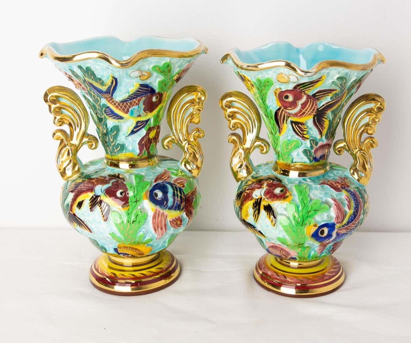 Monaco Ceramic Pair Of Vases With Sea Decoration Mid Century French photo furniture