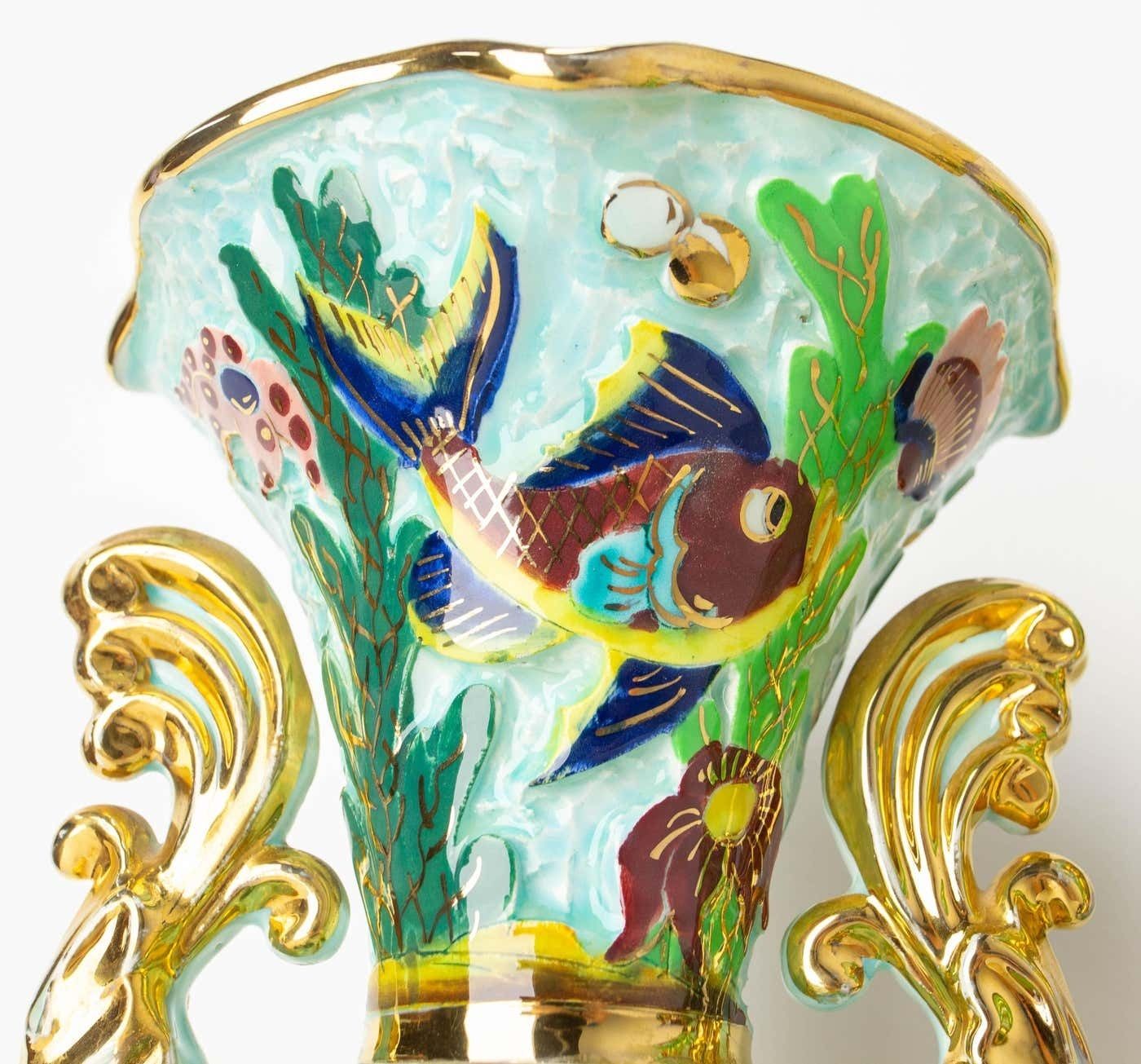 Home Decor Monaco Ceramic Pair Of Vases With Sea Decoration Mid Century French photo