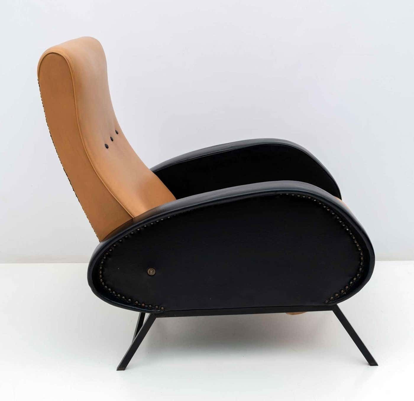 Pair Of Marco Zanuso Mid Century Modern Italian Leather Reclining Armchairs, 50s photo for sale