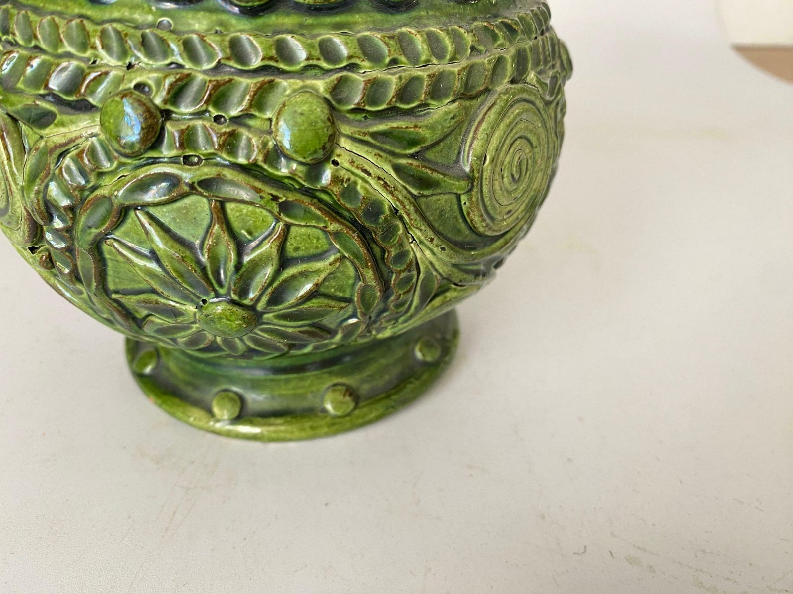 Pot Or Box 19th Century Majolica France Ceramic Green With An Circular Handle photo buy