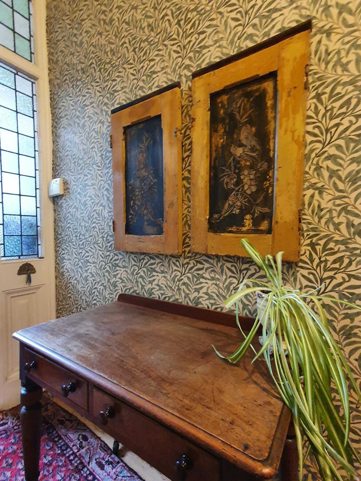 Vintage Reclaimed Church Pew Door With Inlaid Chinoiserie photo furniture