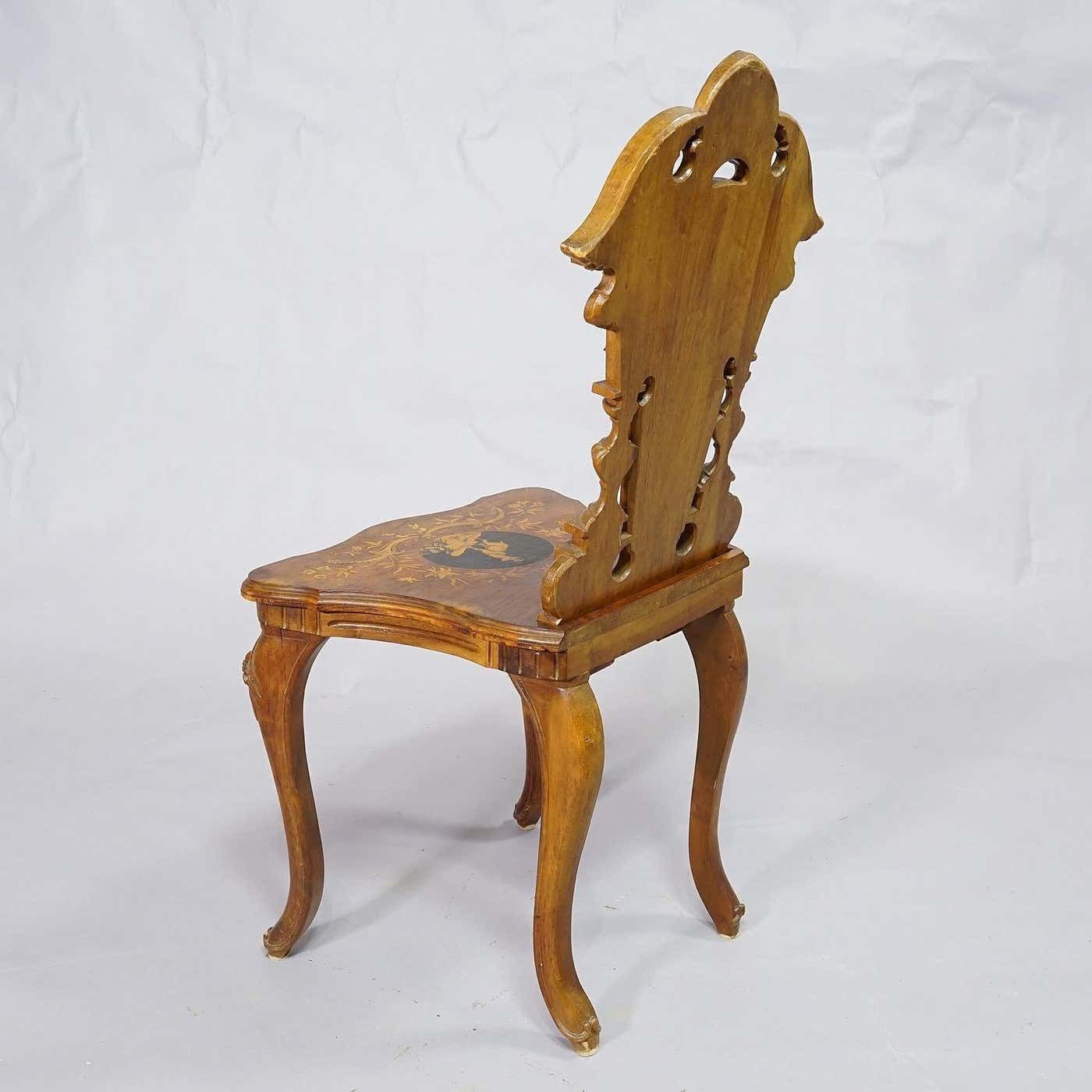 Nutwood Edelweis Marquetry Chair Swiss Brienz 1900 photo for sale