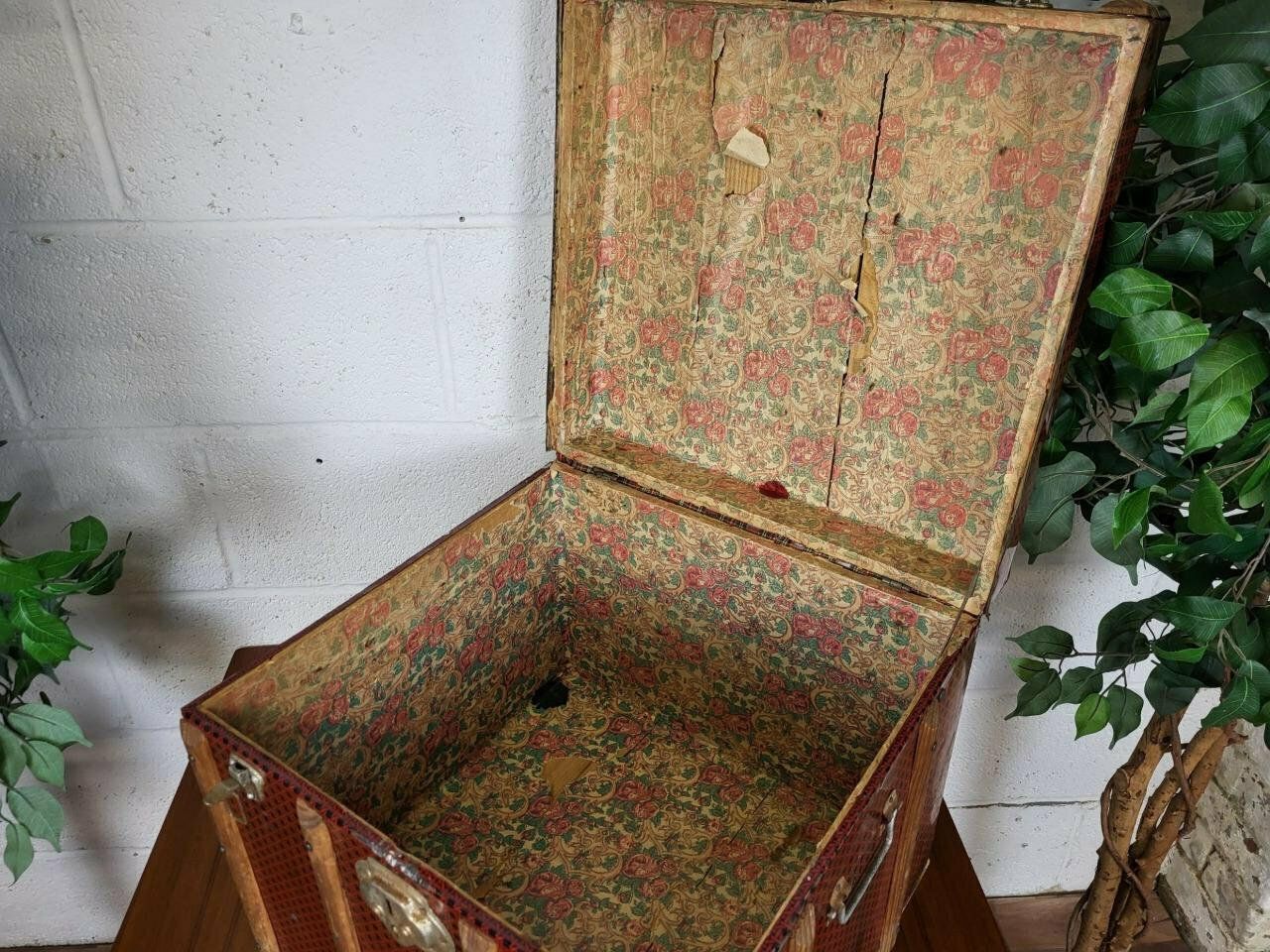Antique Vintage 1900's Red Faux Bamboo Tin And Wood Chest Steamer Trunk photo Furniture