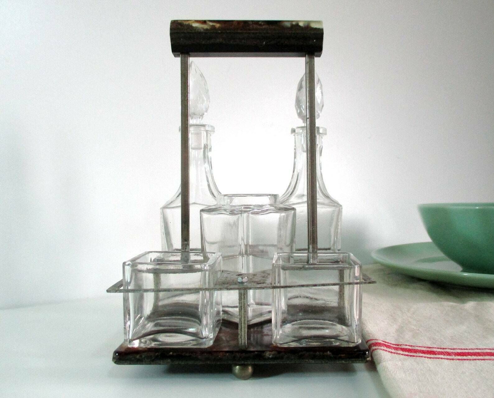 Bakelite Condiment Holder   French Antique Cruet Set   5 Piece Condiment Set   Art Deco Condiment Caddy   Marbled Bakelite photo furniture